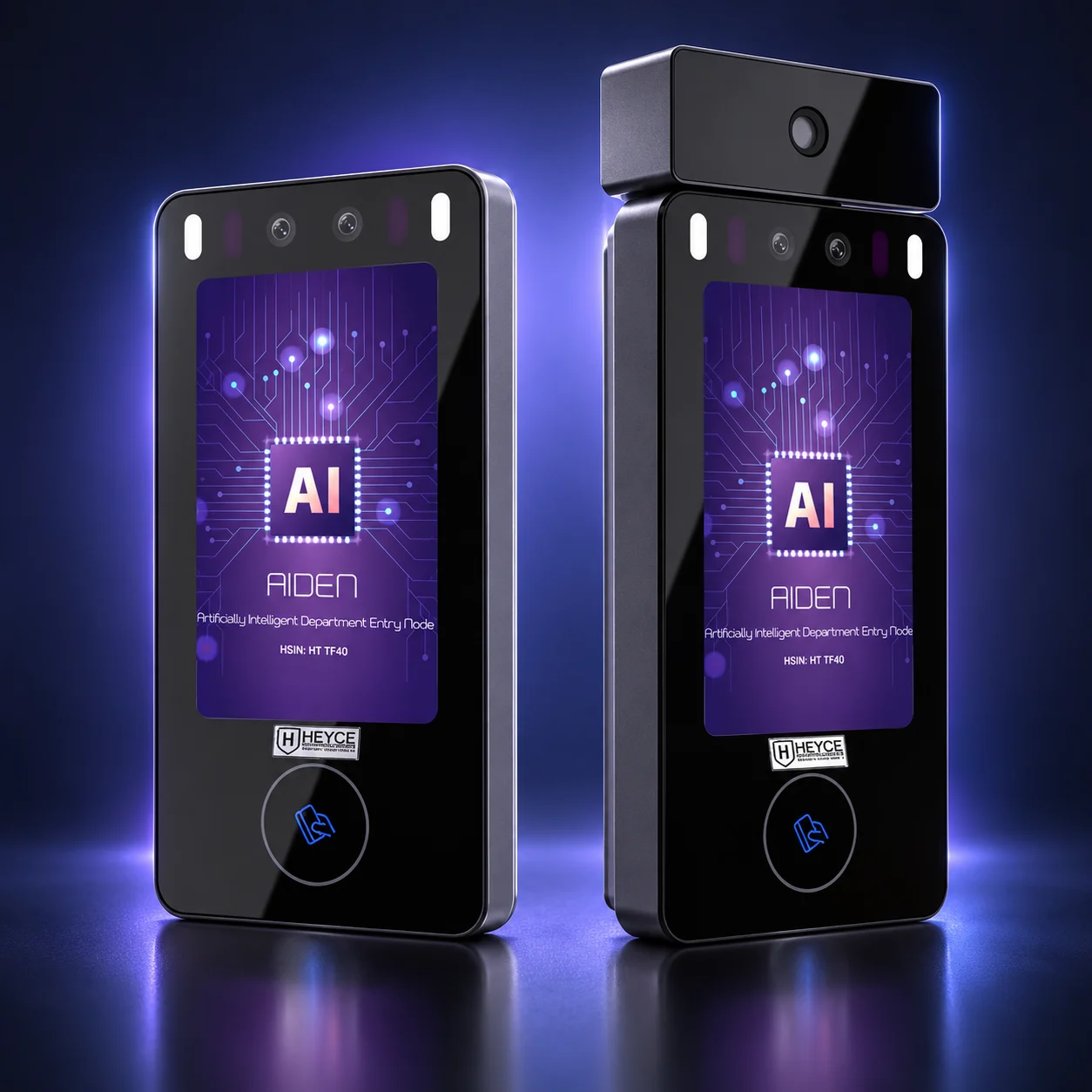 AIDEN facial recognition terminal variations on a navy and purple studio background