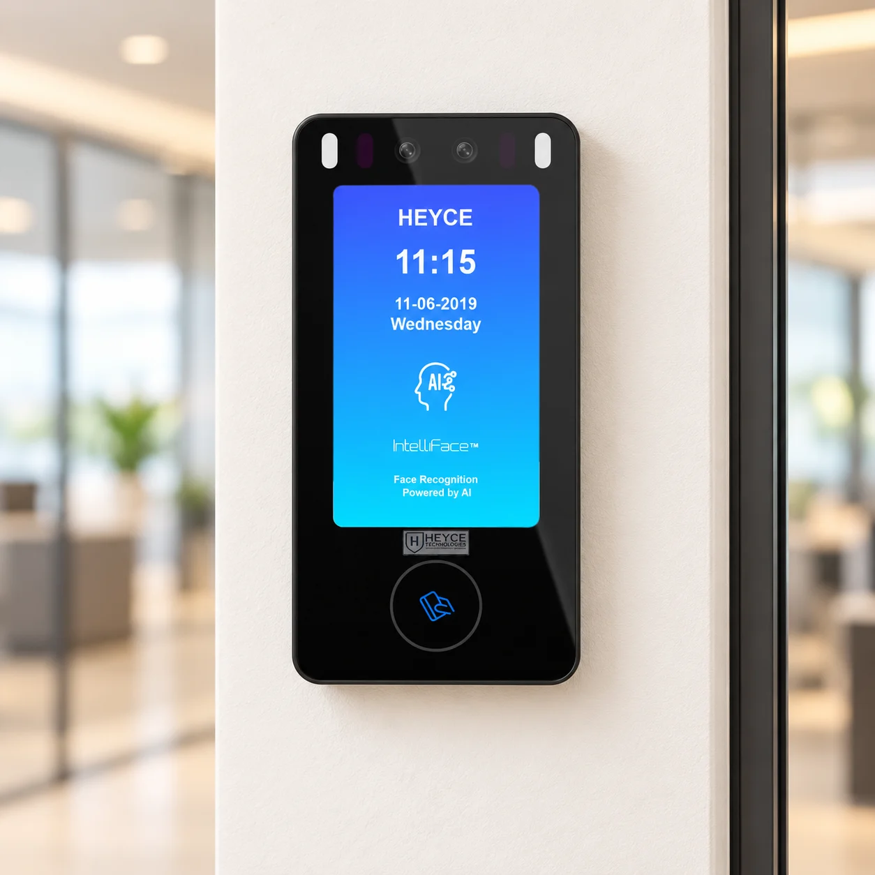 AIDEN AI face recognition attendance terminal at a modern office entrance