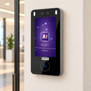 AIDEN face recognition attendance terminal without top attachment installed at an office entrance