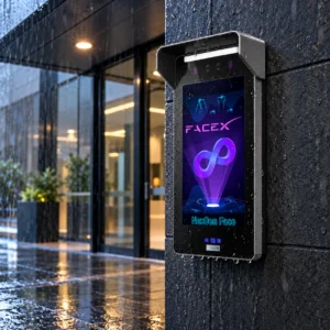 FaceX facial recognition access control terminal with protective rain cap in rain
