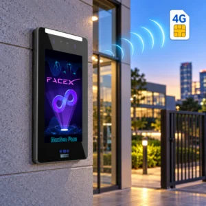 FaceX 4G facial recognition terminal with SIM connectivity at an outdoor entrance