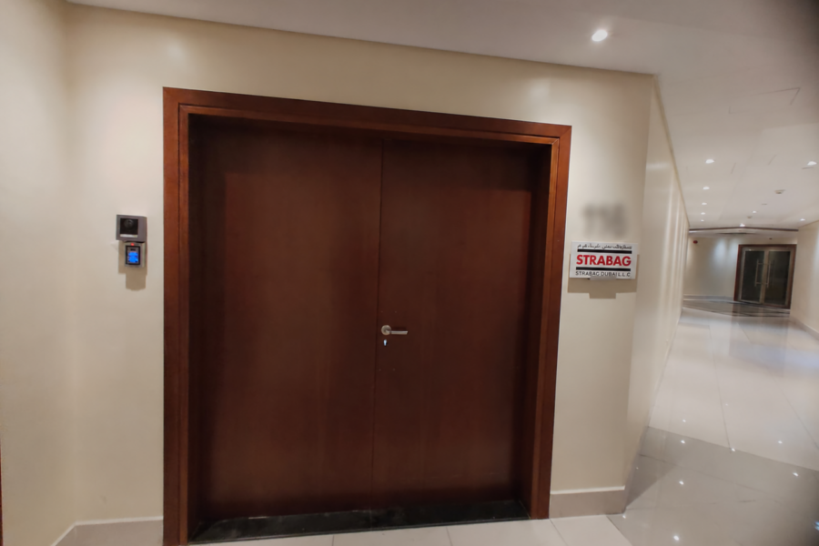 STRABAG office entrance with HEYCE card reader and Hikvision video intercom